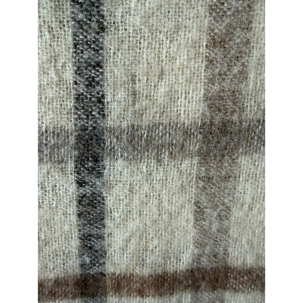 Handwoven Icelandic Wool Cream Brown‎ Plaid Scarf Fringe Minimalist Iceland Made